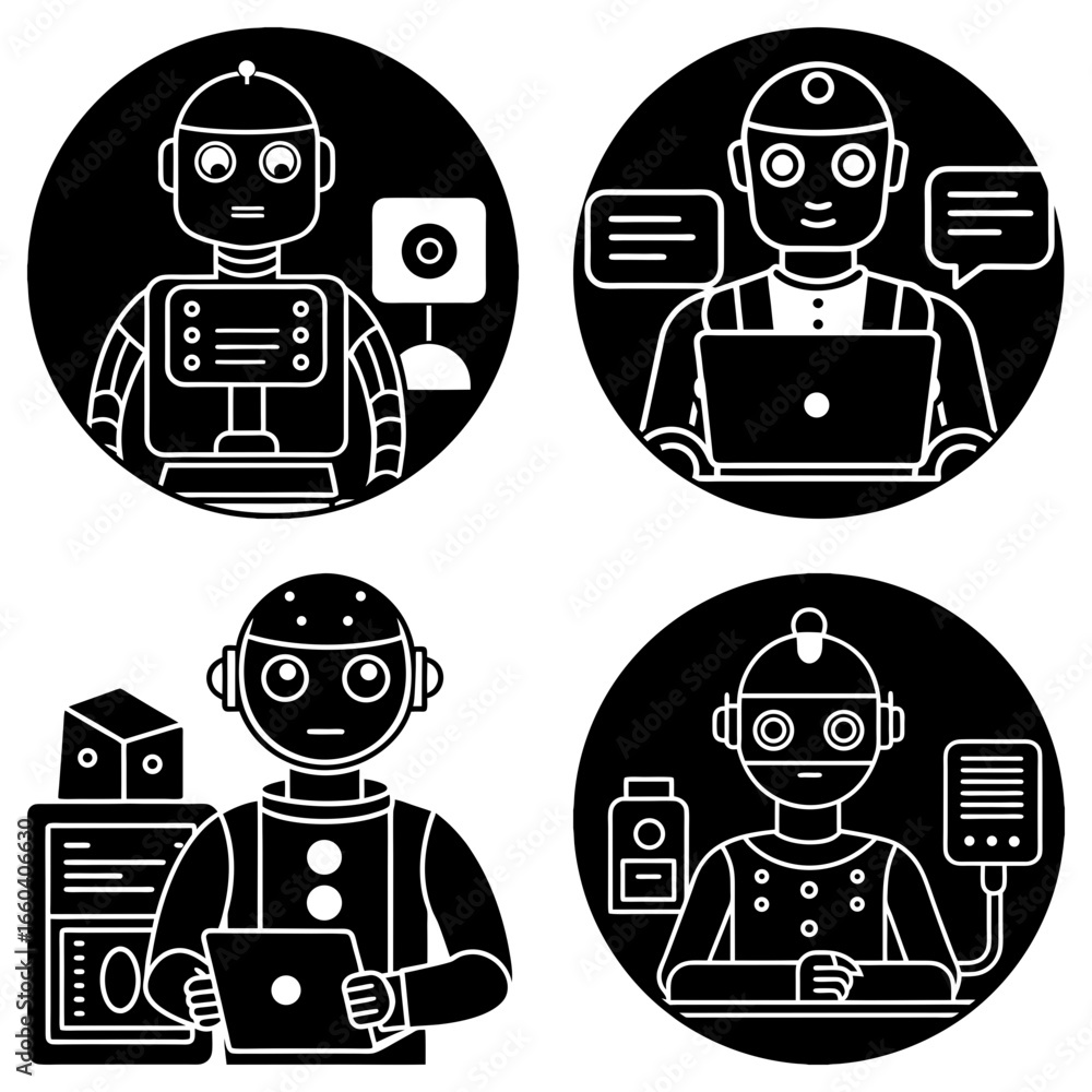 Aufkleber illustrations of robots performing different tasks in a black and white circular icon format design