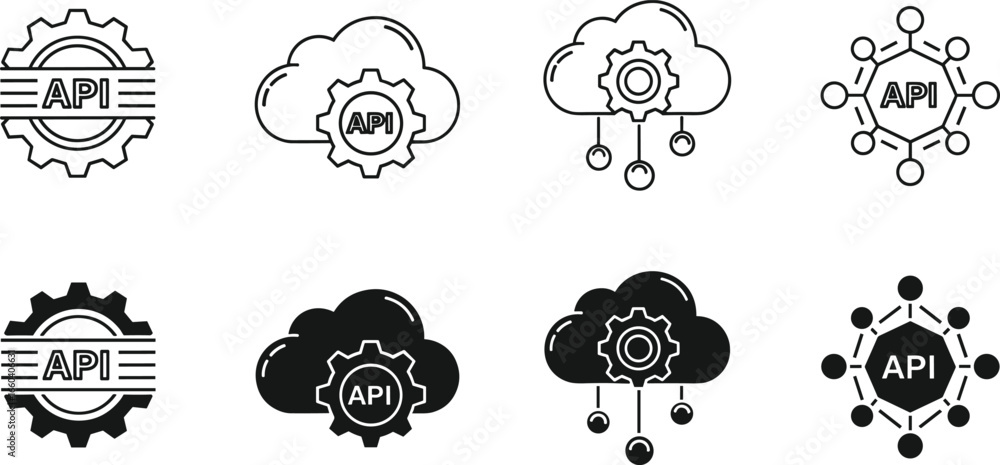 Fototapete api gear icons, cloud integration vector, backend system, software automation, interface sync, devel