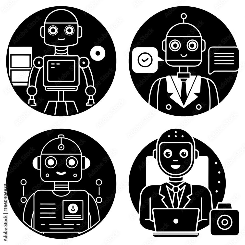 Aufkleber collection of four black and white robot icons in circular frames showing different robotic characte