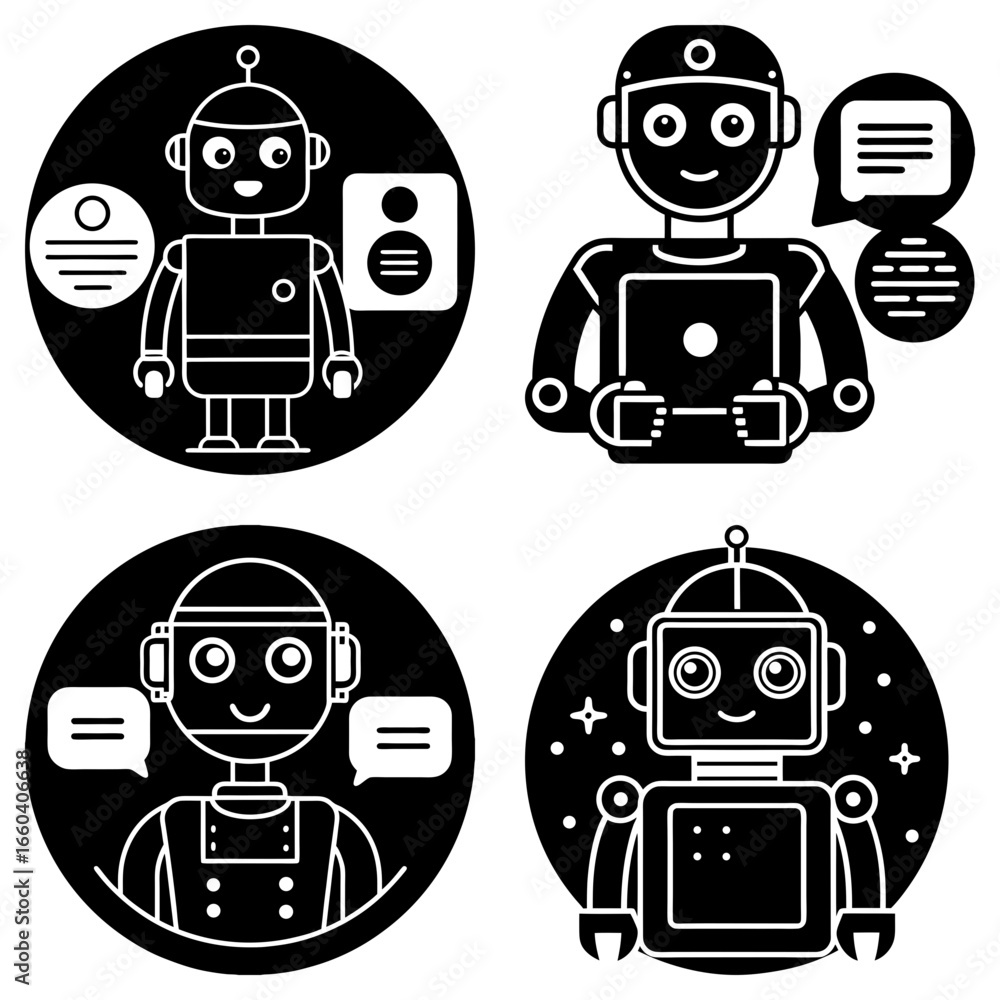 Poster collection of four black and white robot avatars in circles with different designs and expressions