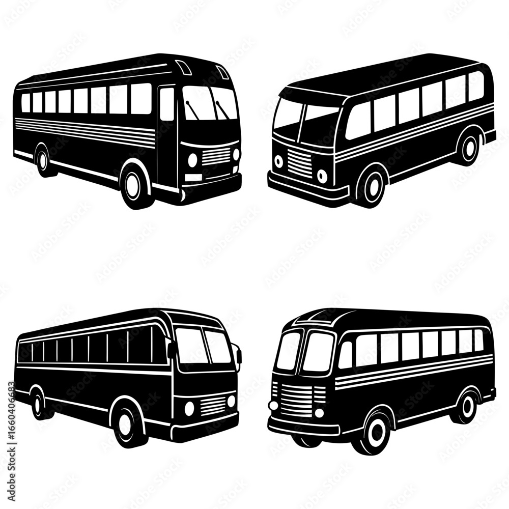 Poster four black and white bus illustrations showing different angles and bus designs in a vector graphic