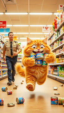Naklejki Orange cat running in supermarket carrying cans of food  