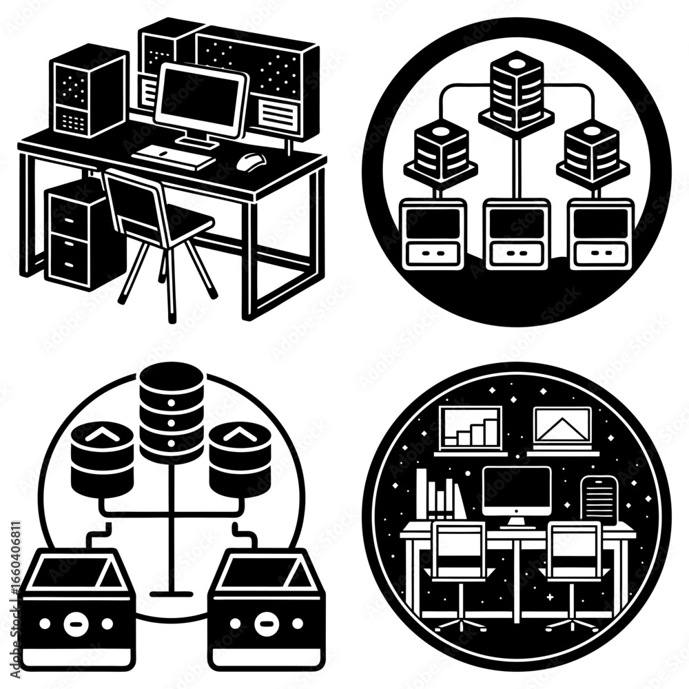 Poster illustration of four different depictions of computer networks and workstation setups in black and w