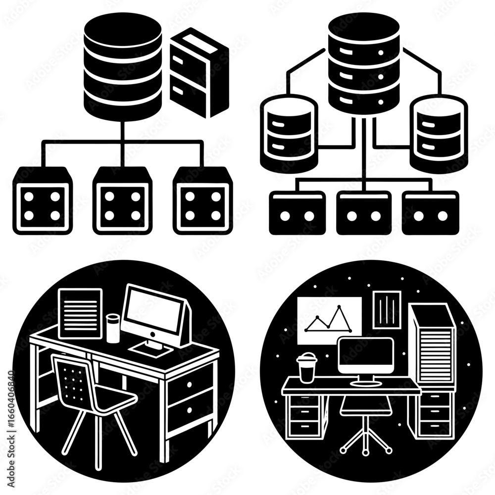 Aufkleber illustration showing database architecture and office setups with desks chairs and computers in blac