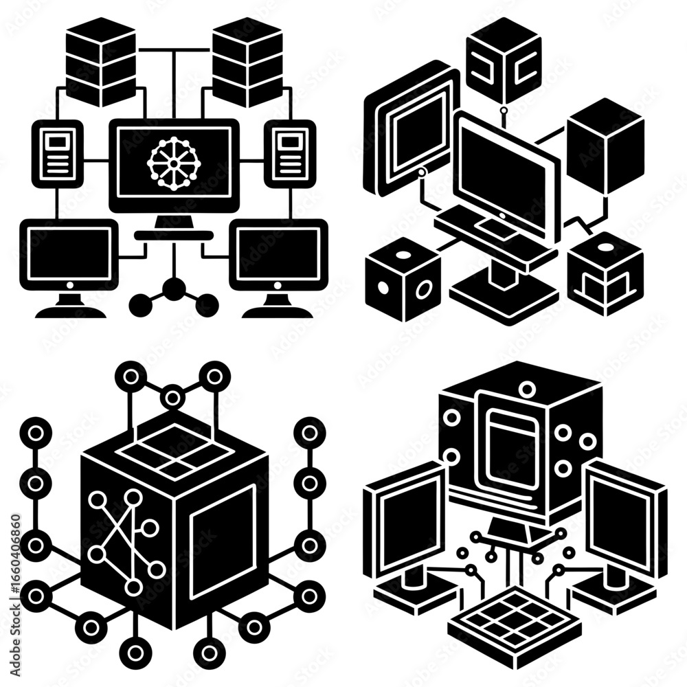 Aufkleber illustration showing a conceptual network of interconnected computers and data storage systems in bl
