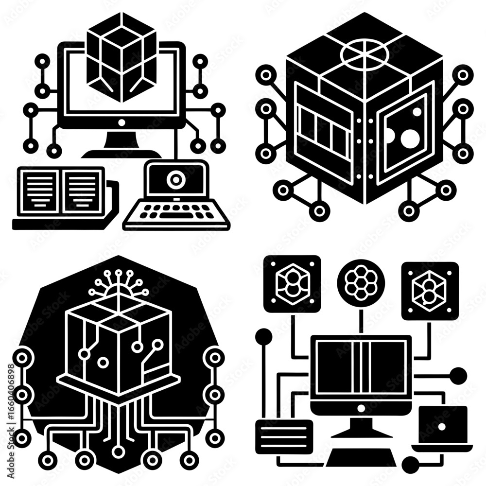 Aufkleber four illustrations of cube connected to computers and circuits in black and white style art work