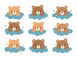 Obraz premium Adorable Baby Bear Characters Floating on Clouds with Sweet Kawaii Expressions