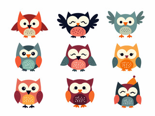 Set of funny owls, Collection of cute cartoon owls in various bright colors isolated on white background