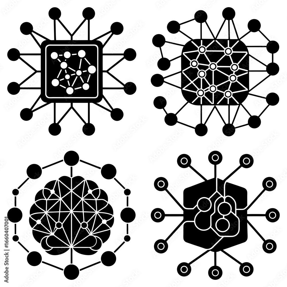 Aufkleber four black and white network diagrams with interconnected nodes and varying geometric shapes inside 