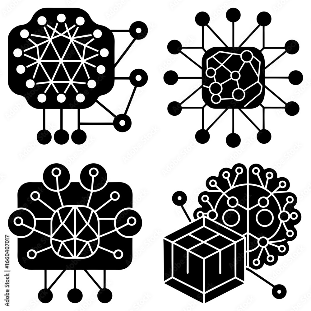 Aufkleber four abstract network diagrams featuring connected nodes and geometric shapes in black and white des
