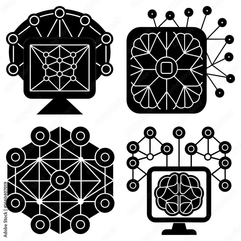 Aufkleber four black and white network diagram icons with computer screens and geometric shapes displayed in a