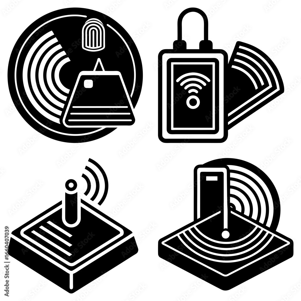 Poster illustration showing various types of wireless connection and technology devices in black and white 