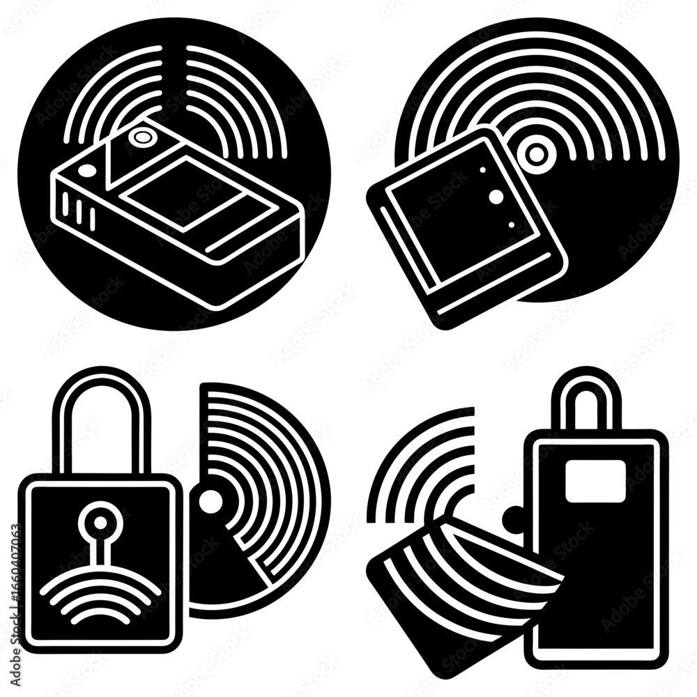Poster four black and white icons depicting wireless technology and security features in a graphic design l