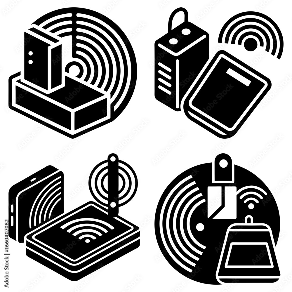 Poster illustration of various wireless devices with signal waves in a circular pattern design element