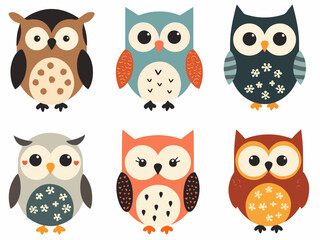 Collection of cute cartoon owls in various bright colors isolated on white background