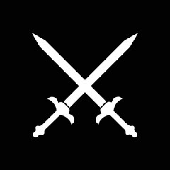 white silhouette crossed swords icon on black, vector illustration for battle symbols, medieval crests, and weapon branding designs.