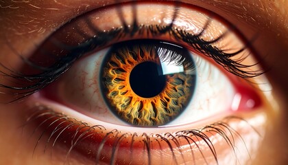 Close-up of an eye, showcasing intricate details of the iris with warm, fiery tones.