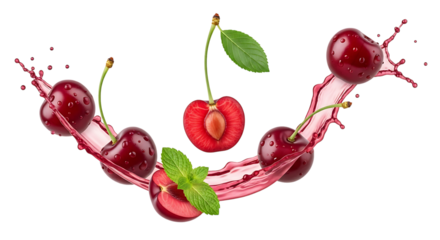 A dynamic splash of cherry juice with fresh cherries isolated on transparent background