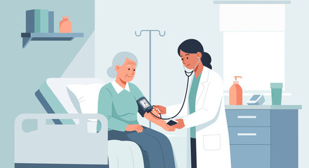 Flat illustration of a doctor checking blood pressure of an elderly woman in a medical office, symbolizing senior healthcare, prevention, and professional medical support