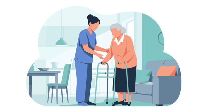 Flat illustration of a nurse assisting an elderly patient with a walker at home, symbolizing senior healthcare, rehabilitation, mobility support, and compassionate caregiving