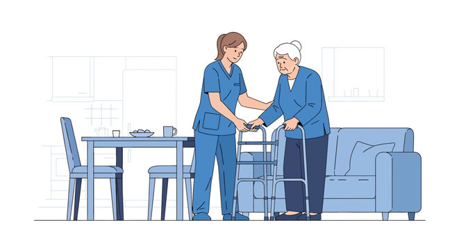 Flat illustration of a nurse assisting an elderly patient with a walker at home, symbolizing senior healthcare, rehabilitation, mobility support, and compassionate caregiving