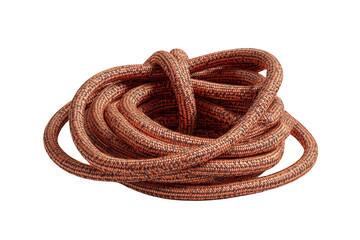 Coiled, textured rope with a knot, reddish-brown color. Isolated on black