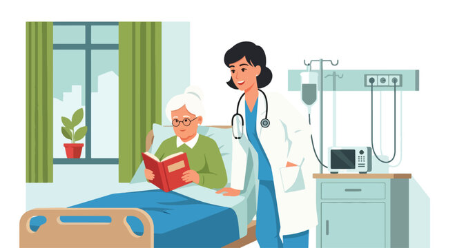 Flat illustration of a female doctor caring for an elderly woman in a hospital bed, representing senior healthcare, compassion, recovery, and supportive medical assistance.