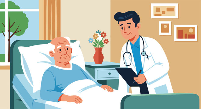 Flat illustration of a smiling doctor talking with an elderly patient in a hospital bed, representing senior healthcare, medical support, and positive patient recovery experience