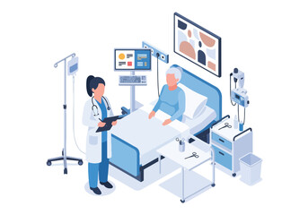 Isometric illustration of a doctor providing healthcare support to an elderly patient in a hospital bed, highlighting medical care, wellness, and professional assistance for seniors