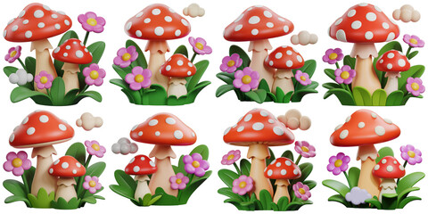 Fototapeta premium Red White Spotted Mushrooms Pink Flowers isolated on a transparent background spots