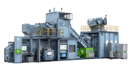 Complex industrial recycling machinery, processing materials, showcasing screens & equipment