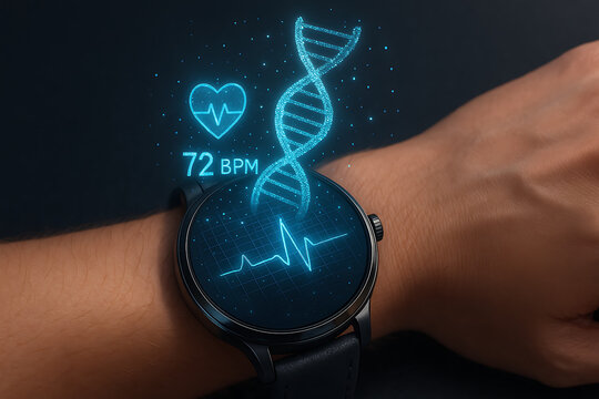 Smartwatch with glowing DNA hologram and heart rate monitor, futuristic wearable healthcare technology, fitness tracking innovation with bpm pulse sensor, medical diagnostics digital health monitoring