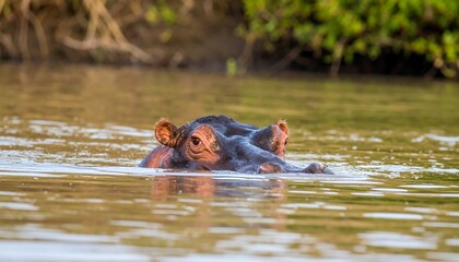 Fototapeta premium A hippopotamus emerges from the still, golden water of a river, its head partially visible above the surface.