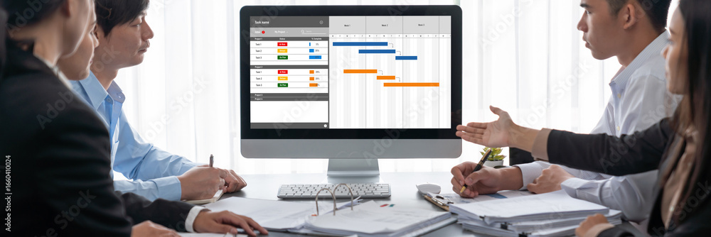 Aufkleber business intelligence and data analysis concept. analyst team working on financial data analysis das