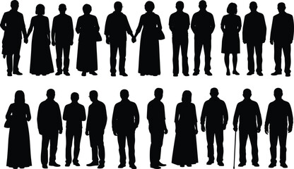 Diverse Human Silhouette Set – Standing, Walking, Holding Hands, Cane Use, Clothing Variety, Community, Inclusion, Vector Icons for Society