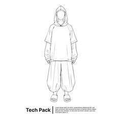 Monochromatic Line Art Illustration of Casual Urban Style Apparel Fashion Design Tech Pack for Garment Production