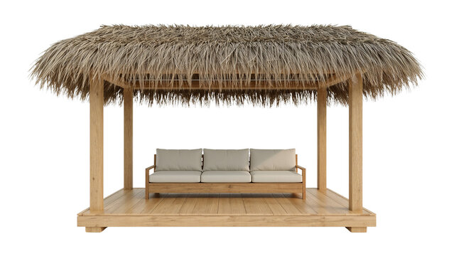 Escape to serenity with this tranquil outdoor lounge featuring a thatched roof cabana and plush sofa, perfect for relaxation and tropical vibes