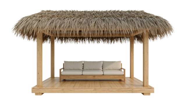 Escape to serenity with this tranquil outdoor lounge featuring a thatched roof cabana and plush sofa, perfect for relaxation and tropical vibes