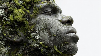 Fototapeta premium Bronze bust covered with green moss and lichen against a white backdrop