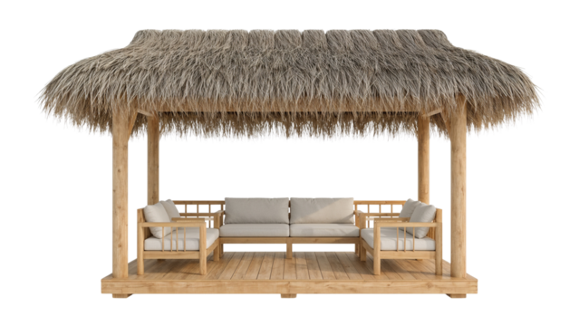 Relaxing tropical cabana with comfortable seating invites serene outdoor living and vacation vibes, perfect for hotels and resorts promotions