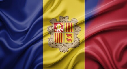 Fototapeta premium Andorra National Flag in Luxurious Silk Fabric Waves