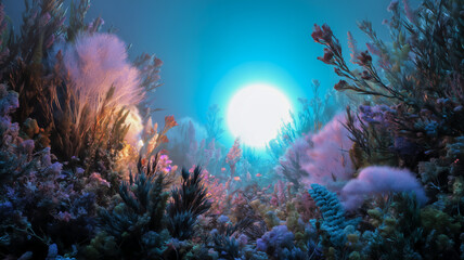 Fototapeta premium Colorful coral reef illuminated by sunlight in underwater scene