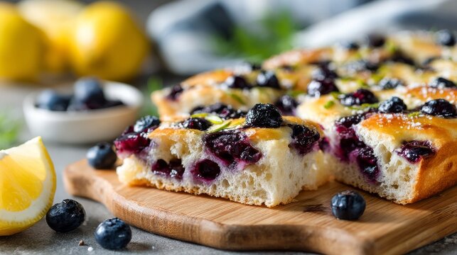  Lemon blueberry sweet focaccia bread, freshly baked generated AI