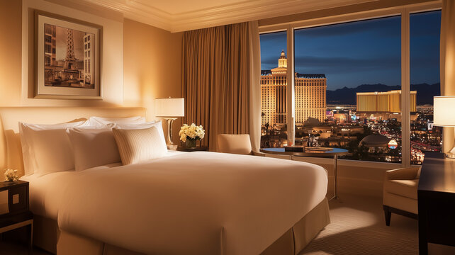 Luxurious hotel room with city view at night in las vegas