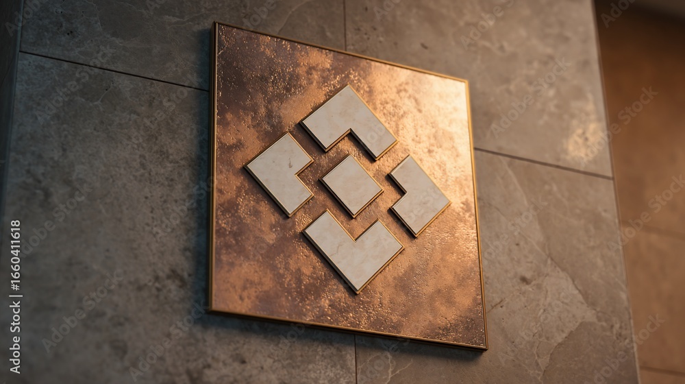 Poster bronze-colored square tile with offset geometric pattern on a textured wall