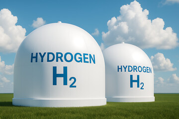 Hydrogen H2 storage tanks renewable energy infrastructure concept, clean fuel gas domes for sustainable power production, green hydrogen technology, zero emission future energy system, industrial hydr