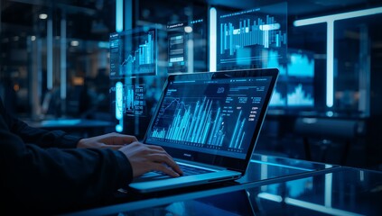 Data analytics dashboard on laptop in server room with glowing charts and KPIs