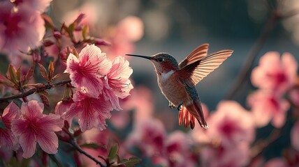 Fototapeta na wymiar Hummingbird and Pink Blossoms