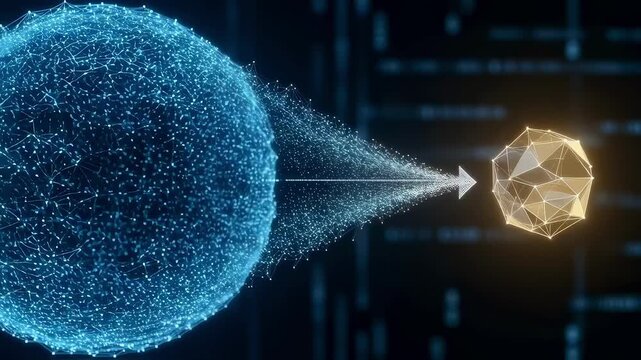 A conceptual illustration of a large complex AI model being distilled into a smaller more efficient version symbolizing the process of making artificial intelligence models lighter