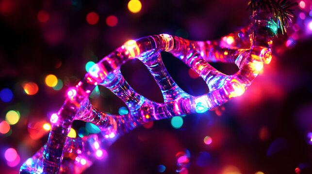 Abstract DNA double helix illuminated with colorful lights. Festive genetic science concept.